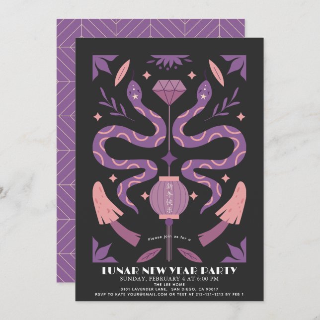 Convite Cobra Roxo 2025 Festa de Ano Novo Lunar/Chinês (Frente/Verso)