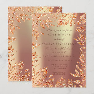 Convite Cobre Dourado Rosa Brilho Folhas Florais Enquadrad