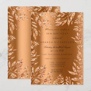 Convite Cobre Dourado Rosa Brilho Folhas Florais Moldura G