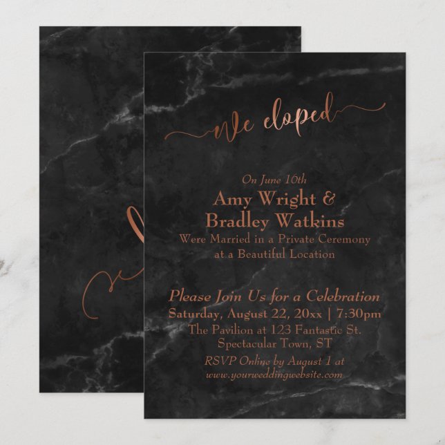 Convite Cobre Escrito Nós Fugimos Escrito em Mármore Preto (Frente/Verso)