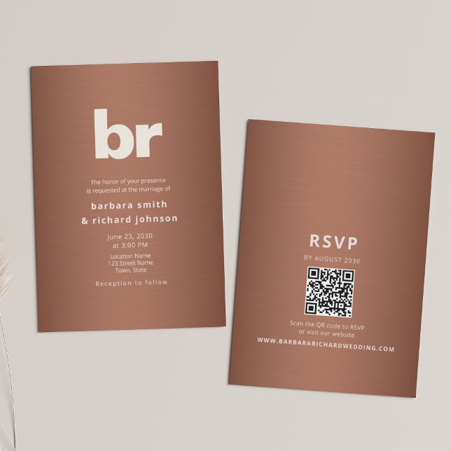 Convite Cobre Marrom Minimalista Casamento QR (Criador carregado)