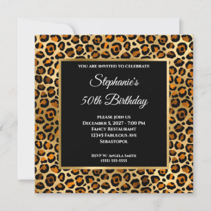 Convite Cobre Preto e Dourado Leopardo Glam 50º Aniversári