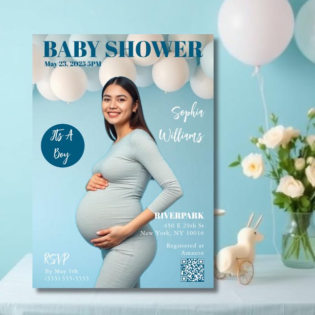Convite Cobrir da Chá de fraldas Magazine (Baby Shower Magazine Cover Invitation blue )