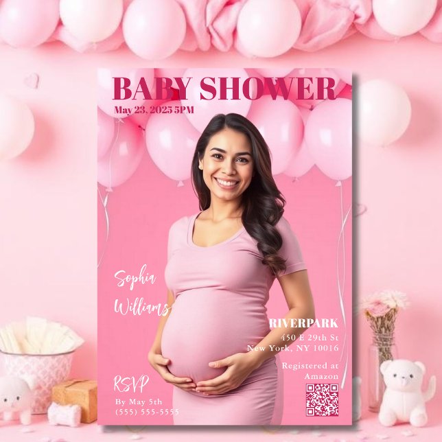 Convite Cobrir da Chá de fraldas Magazine (Baby Shower Magazine Cover Invitation Pink with balloons)