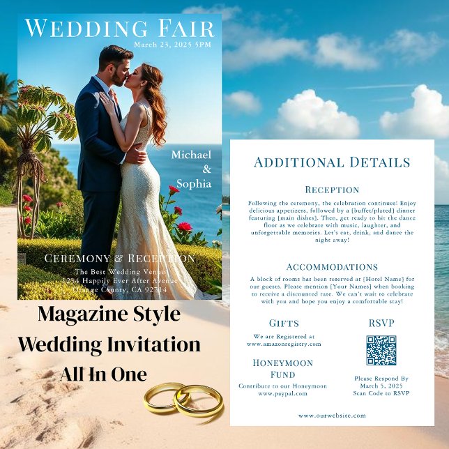 Convite Cobrir da Revista de Casamento de Praia (Beach Wedding Magazine Cover Invitation All in One)
