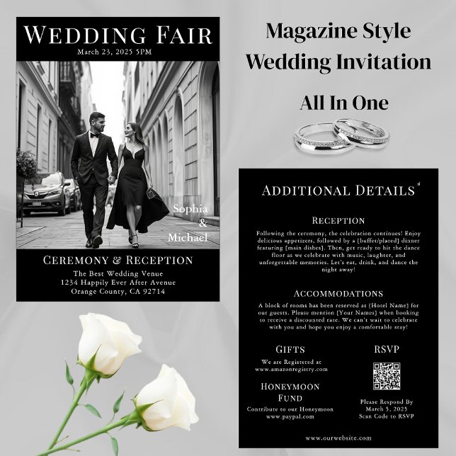 Convite Cobrir da Revista de Casamento Negro e Branco (Black and White Wedding Magazine Cover  Invitation All in One)