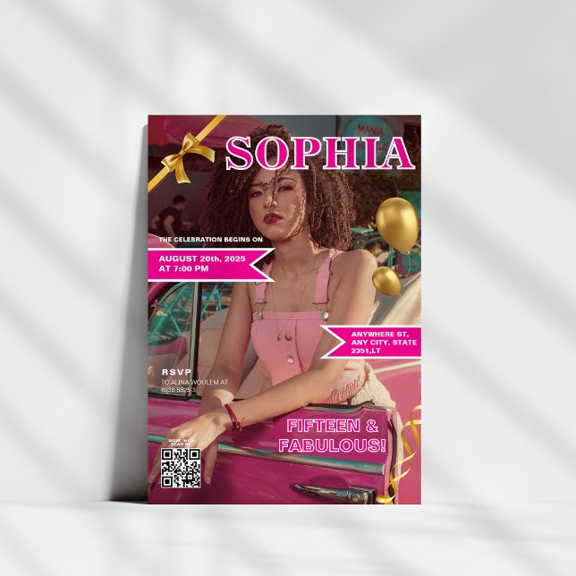 Convite Cobrir de revista rosa e Dourada Código QR Quincea (Criador carregado)