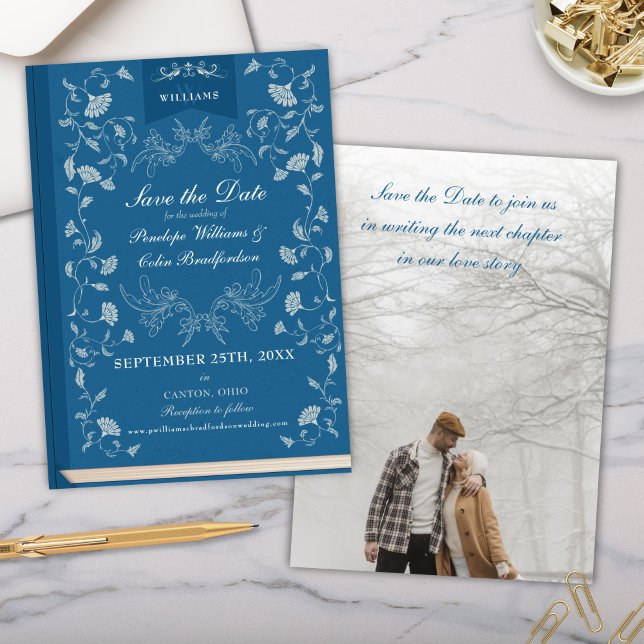 Convite Cobrir do Livro Azul Elegante Casamento Salve a Da (Teal Blue Turquoise Hollywood Regency Era Victorian Floral Library Book Cover Wedding Save the Date)