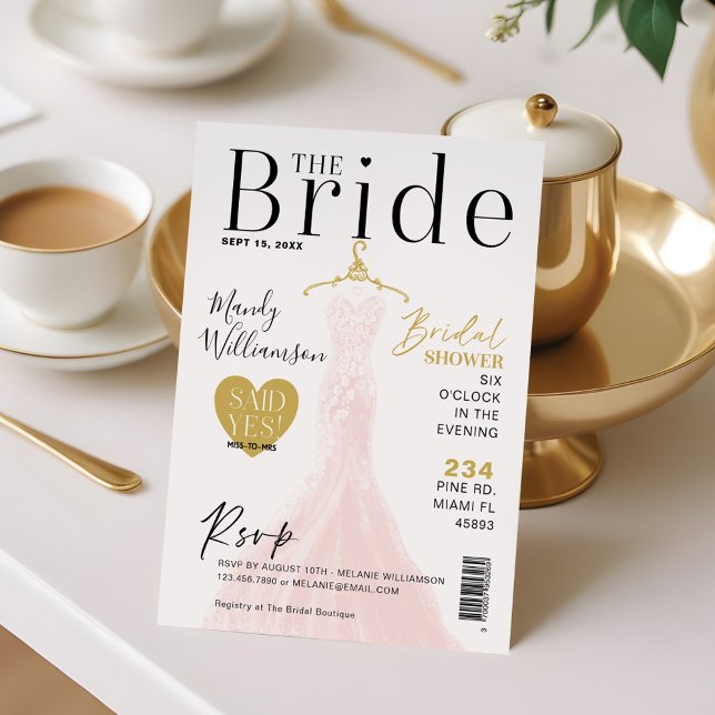 Convite Cobrir I da Revista de Chá de panela de Vestido de (Bride Wedding Dress Bridal Shower Magazine Cover I Invitation)