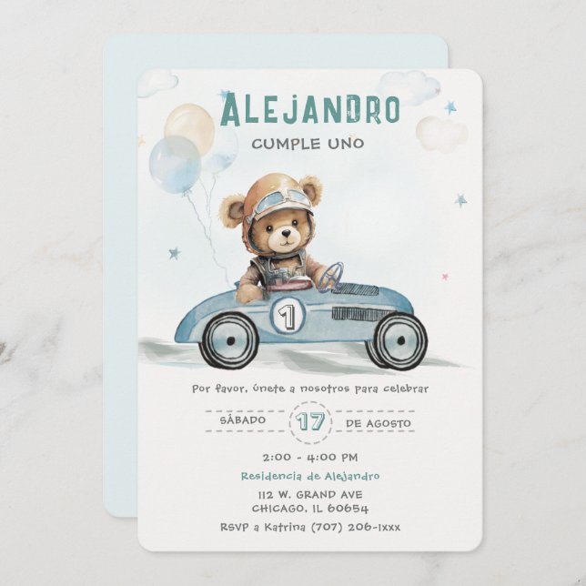 Convite Coche de Carreras Osito Bebé Primer Cumpleaños (Frente/Verso)