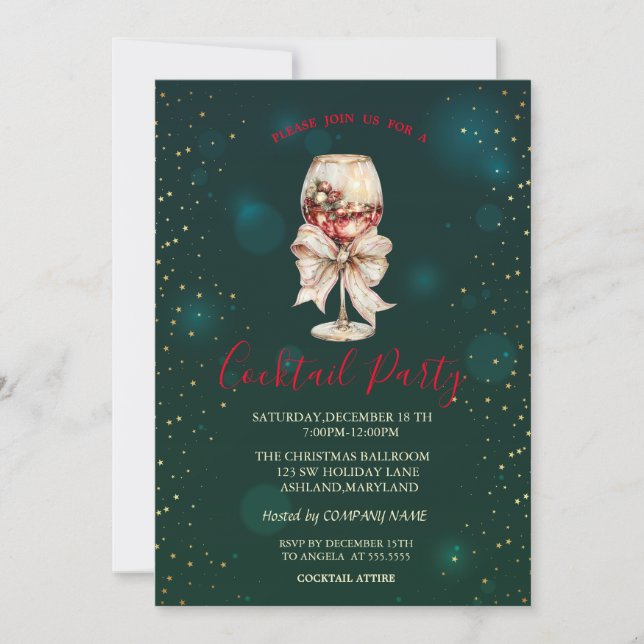 Convite  Cocktail Bow Stars Green Christmas Party  (Frente)