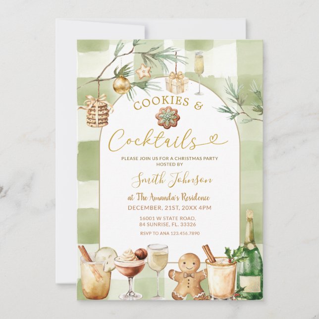 Convite Cocktail e Biscoitos de Gingham em Aquarela Invern (Frente)