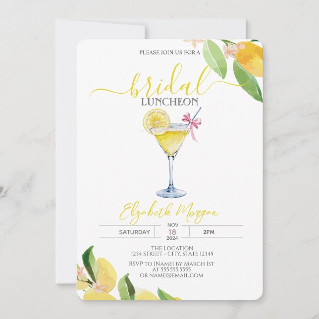 Convite Cocktail Glass Lemon Bridal Lunchee (Frente)