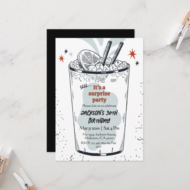 Convite Cocktail retro bebe temático 30 surpresa Aniversár (Frente/Verso In Situ)
