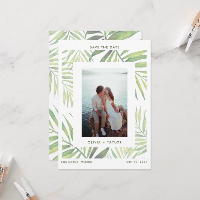 Convite COCO Watercolor Palm Leaf Salvar Data (Frente/Verso In Situ)