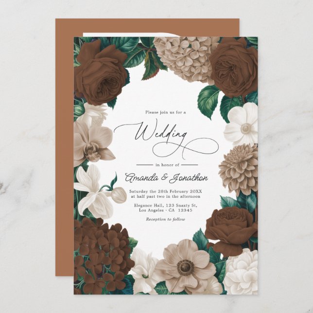 Convite Cocoa Bean, Mushroom Taupe & Vanilla Cream Wedding (Frente/Verso)