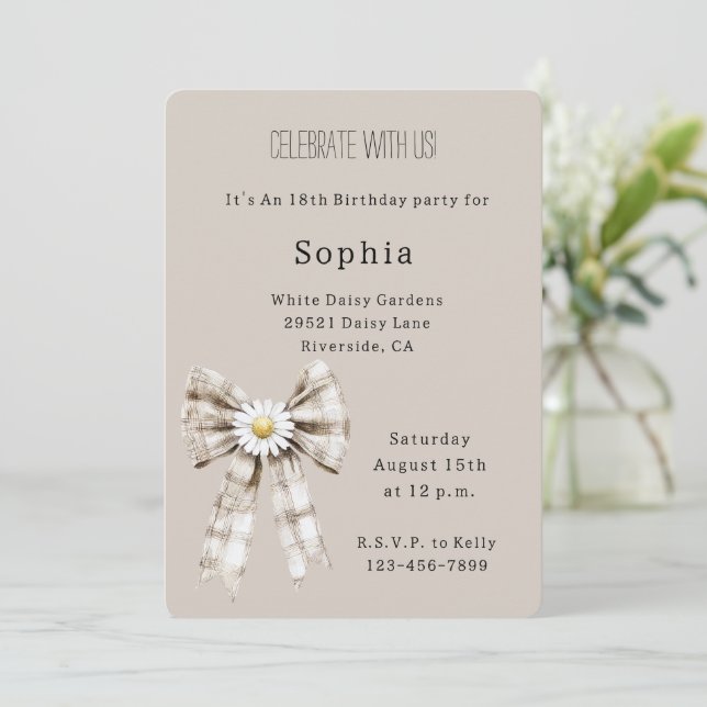 Convite Cocoa Cream White Bow Daisy Flower Birthday (Em pé/Frente)