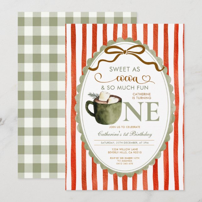 Convite Cocoa Quente Vermelho Verde Gingham 1º aniversário (Frente/Verso)