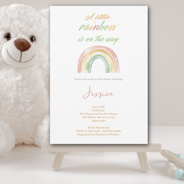 Convite Cód. Aquarela Boho Chá de fraldas Arco-Íris (Baby Shower Invitation - For Boy or Girl, Cute Watercolor Rainbow perfect for new moms & moms to be)