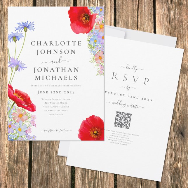 Convite Cód. Cód. d. Vinho Marinho Boho Código QR (Elegant colorful wildflower boho wedding invitation with qr code and website rsvp)