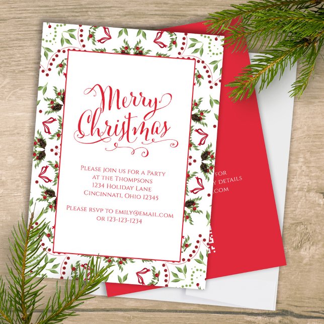 Convite Cód. QR do Partido Pinecone Vermelho Vermelho Feli (Merry Christmas holiday party invitation with whimsical calligraphy script. )