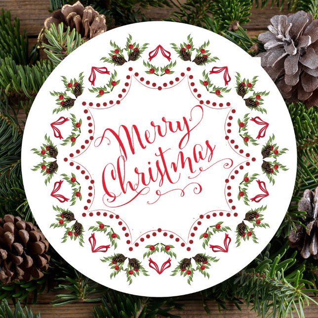 Convite Cód. QR do Partido Pinecone Vermelho Vermelho Feli (Merry Christmas holiday party invitation with whimsical calligraphy script. )