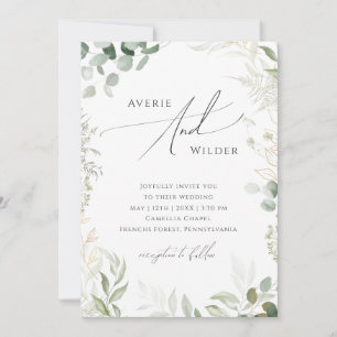 Convite Cód. QR Dourado Greenery Whimsical em Um Casamento