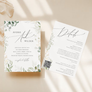 Convite Cód. QR Dourado Greenery Whimsical em Um Casamento