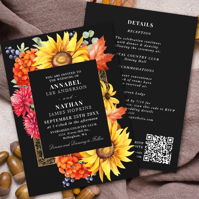 Convite Cód. QR Floral Floral do Autumn Preto (Criador carregado)