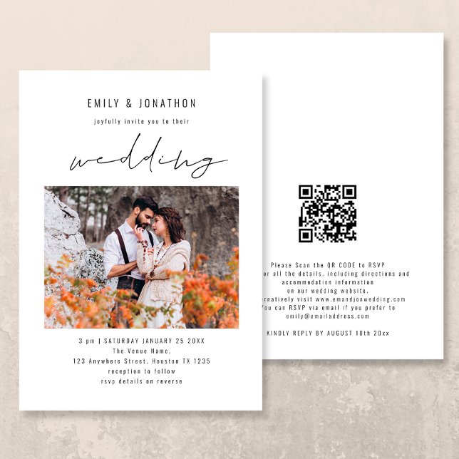 Convite Código de barras QR de foto de casamento com letra (Criador carregado)