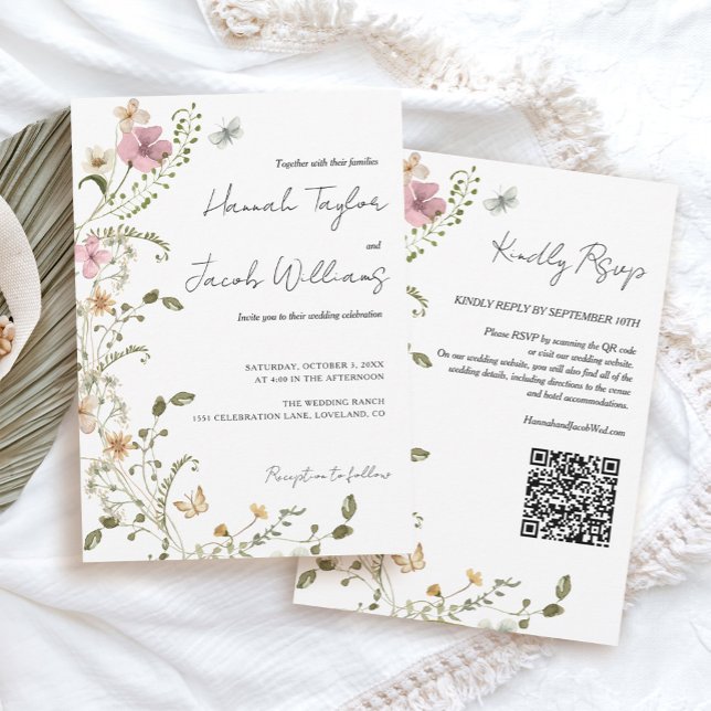 Convite Código de RSVP de Código de flor selvagem (wildflower qr code wedding invitation template)