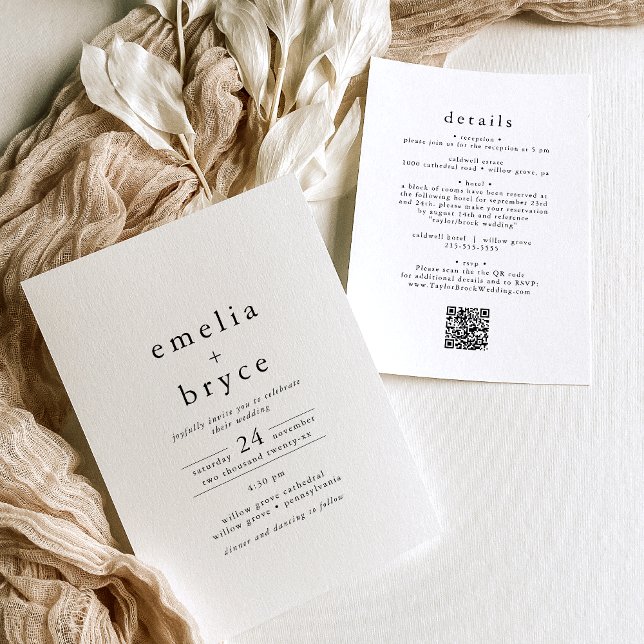 Convite Código EMELIA QR Rustic Simple Modern Boho Casamen (EMELIA QR Code Rustic Simple Modern Boho Wedding Invitation)