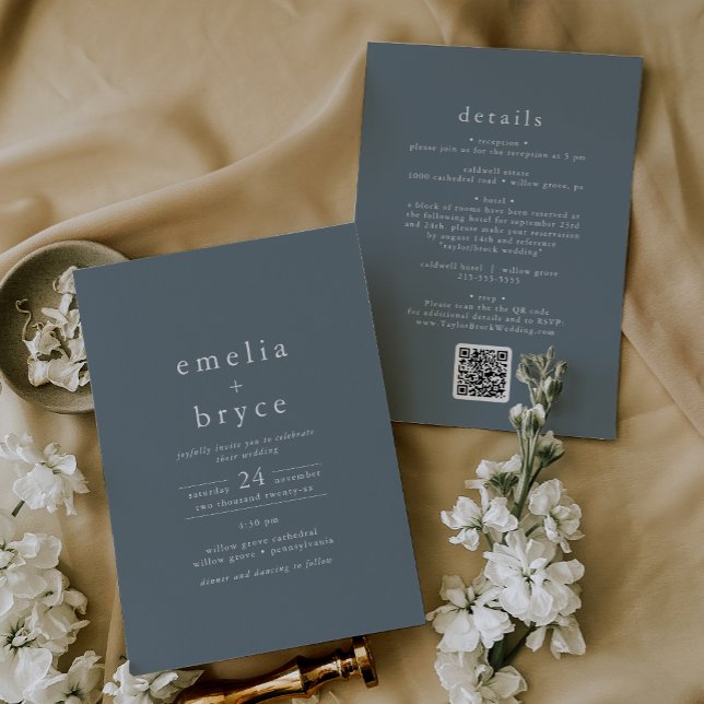 Convite Código EMELIA QR Simple Boho Marinho Dark Blue Wed (EMELIA QR Code Simple Boho Navy Dark Blue Wedding Invitation)