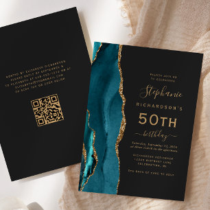 Convite Código QR Ágata Azul Teal Dourado Aniversário de 5