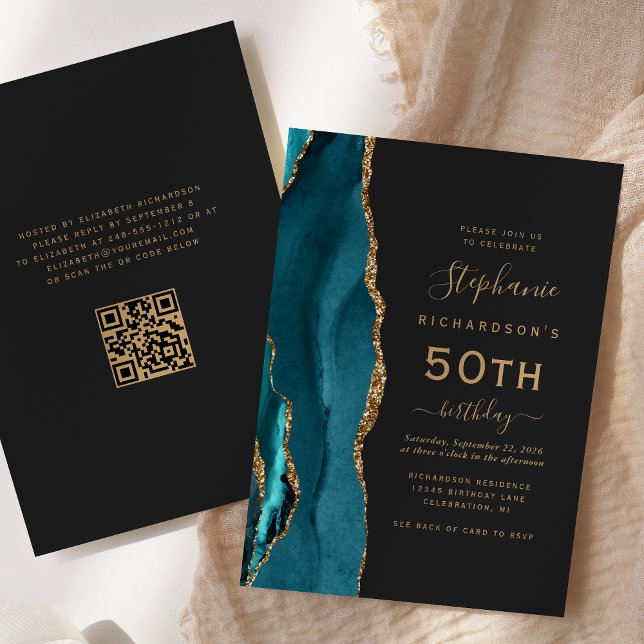 Convite Código QR Ágata Azul Teal Dourado Aniversário de 5 (Criador carregado)
