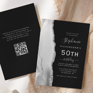 Convite Código QR Ágata Cinza Branco Prata Aniversário de 