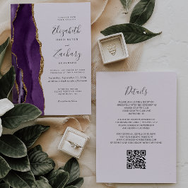 Convite Código QR Ágata Lavanda Dourada Roxo Casamento
