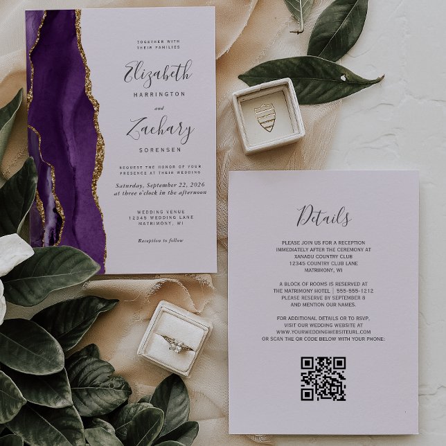 Convite Código QR Ágata Lavanda Dourada Roxo Casamento (Criador carregado)