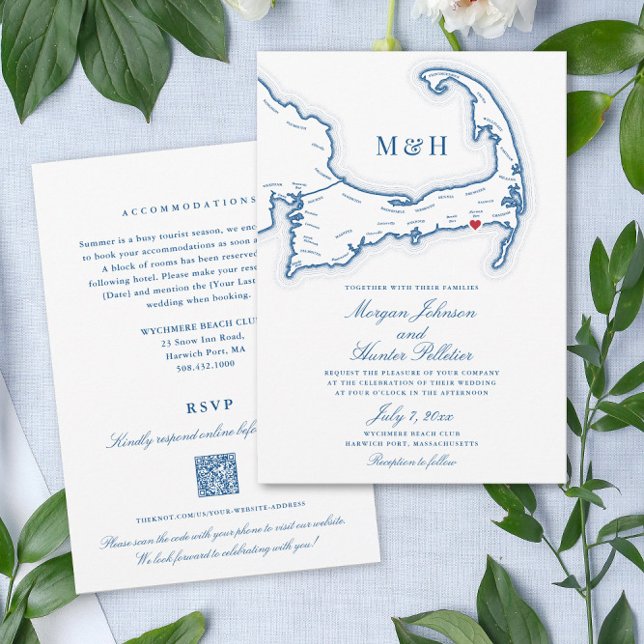 Convite Código QR All-in-One do Cabo Cod Casamento RSVP (These double sided all in one Cape Cod wedding invitations include the RSVP info on the back)