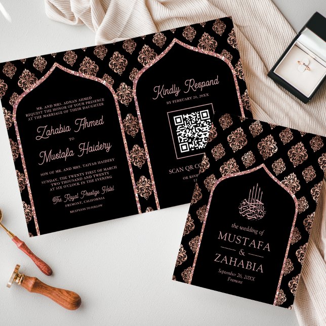 Convite Código QR Arco Damasco Dourado Rosa Negra Casament (Criador carregado)