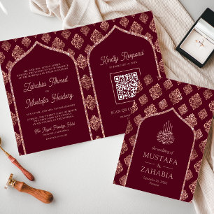 Convite Código QR Arco Rosa Dourado Borgonha Casamento Muç