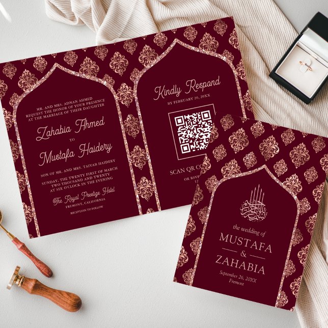 Convite Código QR Arco Rosa Dourado Borgonha Casamento Muç (Criador carregado)