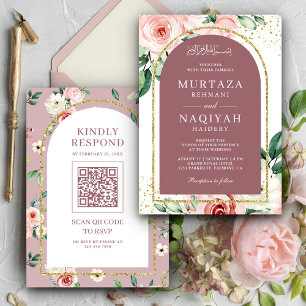 Convite Código QR Arco Rosa Empoeirado Floral Rosa Casamen