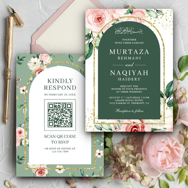 Convite Código QR Arco Verde Floral Rosa Casamento Muçulma (Criador carregado)