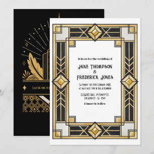 Convite Código QR Art Déco Preto e Dourado para RSVP de Ca