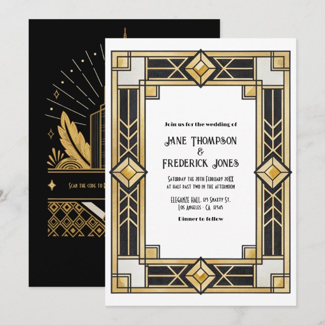 Convite Código QR Art Déco Preto e Dourado para RSVP de Ca (Frente/Verso)