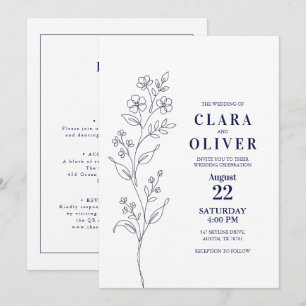 Convite Código QR Arte de Linha Floral Azul-Marinho Modern