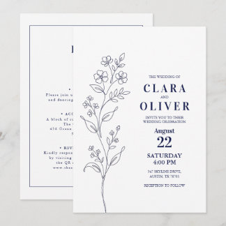 Convite Código QR Arte de Linha Floral Azul-Marinho Modern