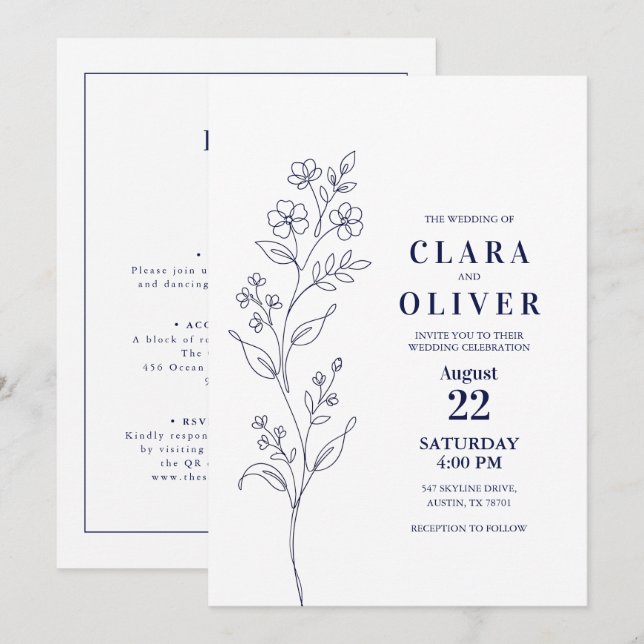 Convite Código QR Arte de Linha Floral Azul-Marinho Modern (Frente/Verso)