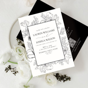 Convite Código QR - Arte Floral Preta Elegante